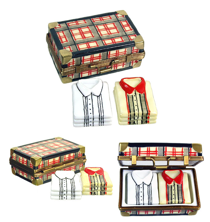 British plaid luggage Limoges box with shirts