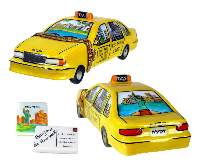 Yellow New York Taxi Limoges box with Manhattan scenes