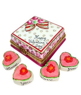 heart shaped valentine pastries in carton Limoges box