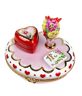valentine scene limoges box with flowers, candy, love letter